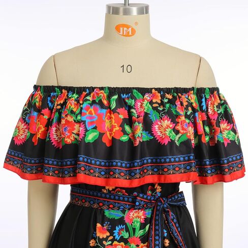 Women Traditional Mexican Dress Off Shoulder Floral Fiesta Folklorico Dresses Tropical Bohemian Maxi Long Sundress in Saudi Arabia