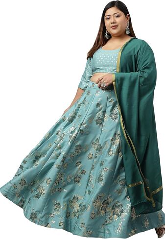 XL LOVE - من Janasya Indian للسيدات مقاس كبير من رقائق الحرير والبوليستر بلون أخضر بحري مطبوع عليه Lehenga Choli مع وشاح in Kuwait