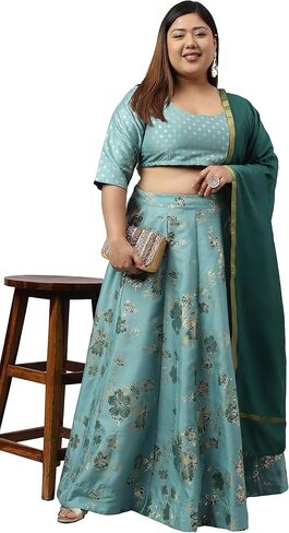 XL LOVE - من Janasya Indian للسيدات مقاس كبير من رقائق الحرير والبوليستر بلون أخضر بحري مطبوع عليه Lehenga Choli مع وشاح in Kuwait