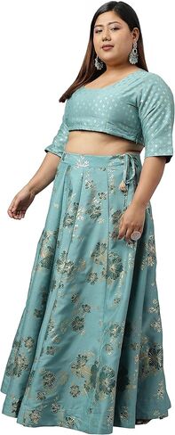 XL LOVE - من Janasya Indian للسيدات مقاس كبير من رقائق الحرير والبوليستر بلون أخضر بحري مطبوع عليه Lehenga Choli مع وشاح in Kuwait