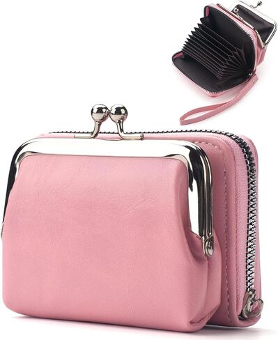 محفظة محفظة للعملات المعدنية، محفظة تغيير مع حامل بطاقة الائتمان، حقيبة جلدية لطيفة للنساء مع سوار معصم بسحاب وقفل للقبلة (وردي) in Kuwait