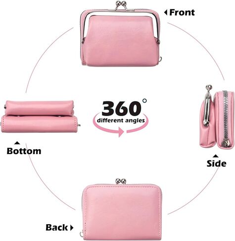 محفظة محفظة للعملات المعدنية، محفظة تغيير مع حامل بطاقة الائتمان، حقيبة جلدية لطيفة للنساء مع سوار معصم بسحاب وقفل للقبلة (وردي) in Kuwait