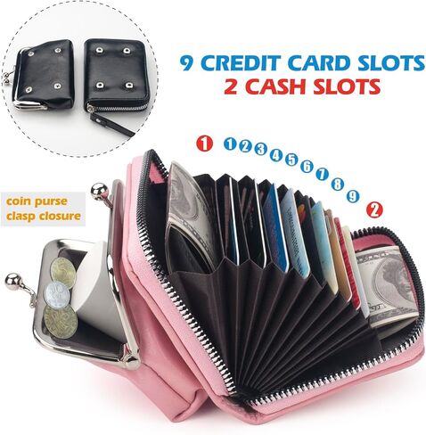 محفظة محفظة للعملات المعدنية، محفظة تغيير مع حامل بطاقة الائتمان، حقيبة جلدية لطيفة للنساء مع سوار معصم بسحاب وقفل للقبلة (وردي) in Kuwait