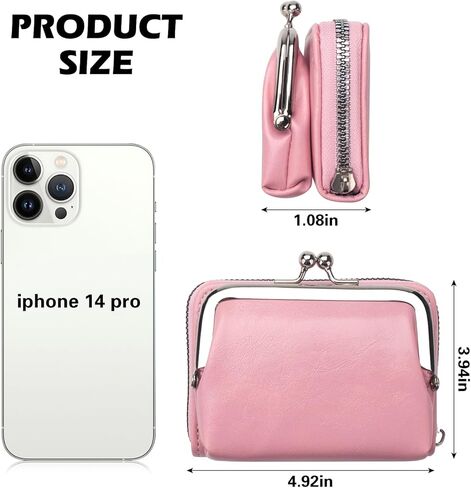 محفظة محفظة للعملات المعدنية، محفظة تغيير مع حامل بطاقة الائتمان، حقيبة جلدية لطيفة للنساء مع سوار معصم بسحاب وقفل للقبلة (وردي) in Kuwait