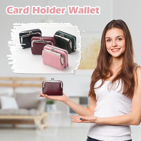 محفظة محفظة للعملات المعدنية، محفظة تغيير مع حامل بطاقة الائتمان، حقيبة جلدية لطيفة للنساء مع سوار معصم بسحاب وقفل للقبلة (وردي) in Kuwait