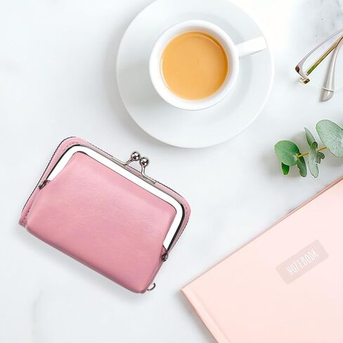 محفظة محفظة للعملات المعدنية، محفظة تغيير مع حامل بطاقة الائتمان، حقيبة جلدية لطيفة للنساء مع سوار معصم بسحاب وقفل للقبلة (وردي) in Kuwait