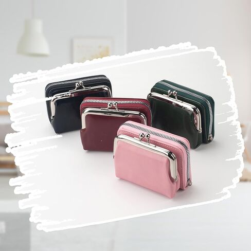 محفظة محفظة للعملات المعدنية، محفظة تغيير مع حامل بطاقة الائتمان، حقيبة جلدية لطيفة للنساء مع سوار معصم بسحاب وقفل للقبلة (وردي) in Kuwait