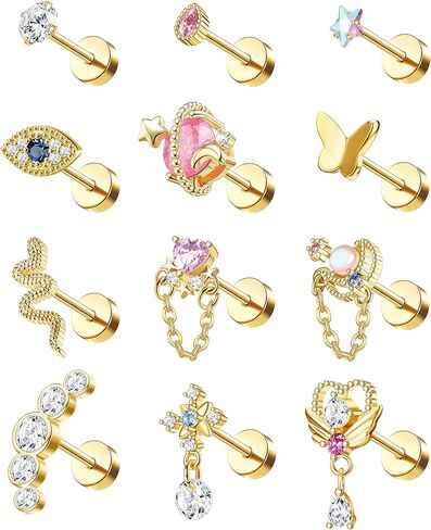 SAILIMUE 12 قطعة من مجوهرات ثقب الزنمة اللولبية المسطحة من الخلف للنساء من الفولاذ المقاوم للصدأ على شكل فراشة قلب قمر ثعبان عين الشر أقراط مسطحة من الزنمة اللولبية مجموعة مجوهرات ثقب الغضروف 20 جرام in Kuwait