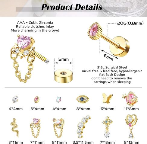 SAILIMUE 12 قطعة من مجوهرات ثقب الزنمة اللولبية المسطحة من الخلف للنساء من الفولاذ المقاوم للصدأ على شكل فراشة قلب قمر ثعبان عين الشر أقراط مسطحة من الزنمة اللولبية مجموعة مجوهرات ثقب الغضروف 20 جرام in Kuwait