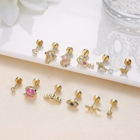 SAILIMUE 12 قطعة من مجوهرات ثقب الزنمة اللولبية المسطحة من الخلف للنساء من الفولاذ المقاوم للصدأ على شكل فراشة قلب قمر ثعبان عين الشر أقراط مسطحة من الزنمة اللولبية مجموعة مجوهرات ثقب الغضروف 20 جرام in Kuwait