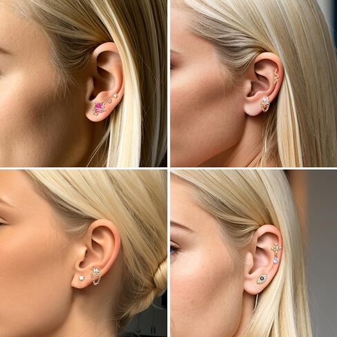 SAILIMUE 12 قطعة من مجوهرات ثقب الزنمة اللولبية المسطحة من الخلف للنساء من الفولاذ المقاوم للصدأ على شكل فراشة قلب قمر ثعبان عين الشر أقراط مسطحة من الزنمة اللولبية مجموعة مجوهرات ثقب الغضروف 20 جرام in Kuwait