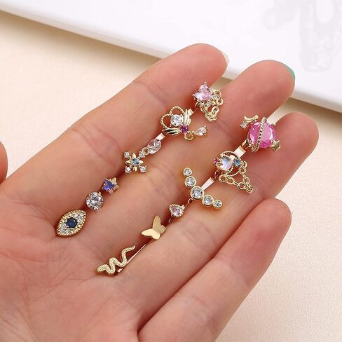 SAILIMUE 12 قطعة من مجوهرات ثقب الزنمة اللولبية المسطحة من الخلف للنساء من الفولاذ المقاوم للصدأ على شكل فراشة قلب قمر ثعبان عين الشر أقراط مسطحة من الزنمة اللولبية مجموعة مجوهرات ثقب الغضروف 20 جرام in Kuwait