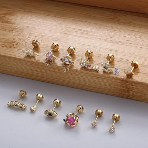 SAILIMUE 12 قطعة من مجوهرات ثقب الزنمة اللولبية المسطحة من الخلف للنساء من الفولاذ المقاوم للصدأ على شكل فراشة قلب قمر ثعبان عين الشر أقراط مسطحة من الزنمة اللولبية مجموعة مجوهرات ثقب الغضروف 20 جرام in Kuwait