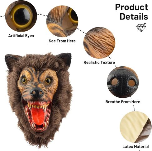 كريبي بارتي قناع ذئب بني للهالوين بتصميم وحش مرعب ورعب لكامل الراس من اللاتكس للبالغين in Kuwait