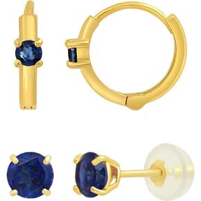 MAX + STONE Solid 14k Gold Blue Sapphire Set - 11mm Mini Huggie Pair Hoop and 4mm Round Stud Created Blue Sapphire Earrings
