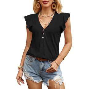 For G and PL Summer Women's Casual V Neck Ruffle Sleeve Button Down Shirts
