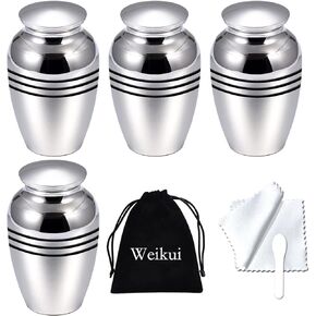 Silver Beautiful Small Mini Keepsake Urn for Human or Pet Ashes, Set of 4, Hard Metal Cremation Urns, Mini Funeral Urns, with 4 Velvet Bags (4Pcs Stripe urn)