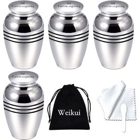 Silver Beautiful Small Mini Keepsake Urn for Human or Pet Ashes, Set of 4, Hard Metal Cremation Urns, Mini Funeral Urns, with 4 Velvet Bags (4Pcs Stripe urn)