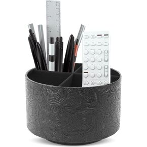 lizimandu Round Leather Art Supply Organizer,Remote Control Holder,360 Degree Rotating,Multi-Functional Pencil Holder,4 Compartments Desktop Stationary Organizer(1-Orange Flower)