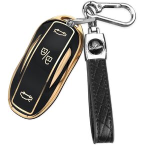 QBUC for Tesla Key Fob Cover with Keychain Car Key Case Compatible with Tesla Model S Smart Remote Key Accessories (Black, Model S)