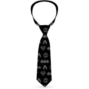 Buckle-Down Necktie Standard - Justice League 8-Superhero Icons Black Gray
