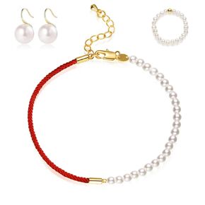 3Pcs Pearl Jewelry Set - Pearl Bracelet Earrings and Ring - Red String Beaded Bracelet - Cuban Link Chain For Women Girl Gifts