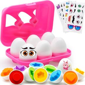 MOONTOY Color Shape Matching Eggs Toddlers, Preschool Learning Educational Sorting Easter Eggs Toys Gift Recognition Skills Geometric Eggs Puzzle Kids Boys Girls w/Pink Eggs Holder, 6 Eggs