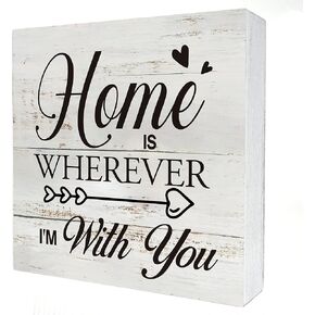 Family Wooden Box Sign Desk Decor Rustic Home is Wherever I'm with You Wood Block Plaque Box Sign for Home Living Room Shelf Table Decoration (5 X 5 Inch)