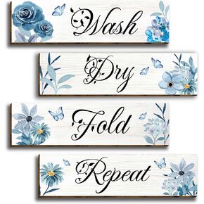 vagafilla 4 قطع الأزرق الأزهار الحديثة غرفة الغسيل ديكور جدار خشبي ديكور الفن، غسل الجافة أضعاف تكرار علامات الحمام جدار علامة الحديثة مزرعة الغسيل جدار ديكور، قواعد الغسيل شنقا ديكور للحمام-44 in Kuwait