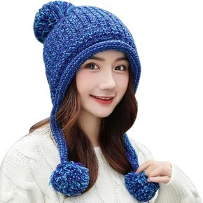 HUAMULAN Women Winter Peruvian Cover Ears Beanie Hat Ear Flaps Sherpa Ski Snow Hats Knit Fleece Lined 3 Pom Pom