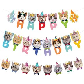 Cat Happy Birthday Banner Supplies Cat Face Birthday Decorations Colorful Birthday Sign Garland Bunting Party Kitty Kitten Theme Birthday Banner