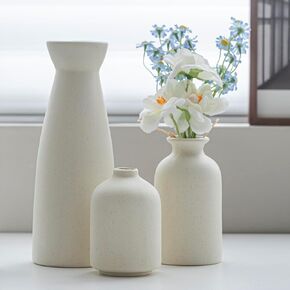 Distressed Ceramic Vase Set of 3, Modern Bohemian Farmhouse Home Decor, Pampas Grass Dried Flowers Vases for Living Room, Dining Room, Bedroom, Kitchen, Bathroom, Office, Entryway (Beige)