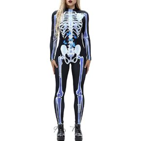 Halloween Skeleton Costume Women Cosplay Bodysuit Outfit 3D Print Bone Skull Skinny Catsuit Jumpsuit