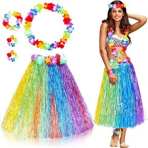5pcs/ Set Women's Hawaiian Hula Grass Skirt 80cm Matching Elastic Flowers Costume Set for Luau Tropical Beach Party