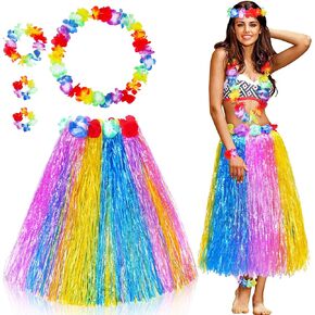 5pcs/ Set Women's Hawaiian Hula Grass Skirt 80cm Matching Elastic Flowers Costume Set for Luau Tropical Beach Party