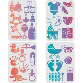 FINGERINSPIRE 4 Pcs Baby Theme Stencils Template 11.6x8.3 Inch Plastic Baby Bottle Stroller Reusable Drawing Painting Stencils for Wood, Floor, Wall, Tile DIY Art and Craft
