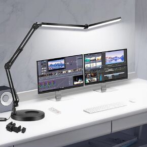 LED Desk Lamps for Home Office, 2 in 1 Large Double Head Desk Light with Clamp & Base, Remote Control, Dimmable Architect Clip on Desktop Lamp Bar with Memory Function for Working, Crafting, Studying