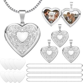 16 Pcs Heart Shaped Locket Necklace Set Photo Lockets Pendant That Hold Pictures Include 4 Locket Pendant 4 Chains 8 Sublimation Discs for Personalized Pendant Making Gift for Women Girls