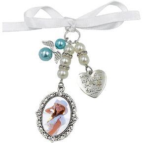 Wedding Bouquet Photo Charm, Bridal Bouquet Photo Charms for Wedding Memory Bridal Lacy Oval Angel Charm Memory Bow Pearl Charm You Are Always in My Heart Pendent for Bridal Wedding Party Decorations