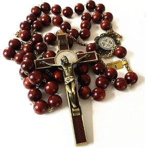 elegantmedical Large 20mm Red Rosewood Wood Beads Wall Rosary St. Benedict Crucifix Wooded Cross Catholic Gifts