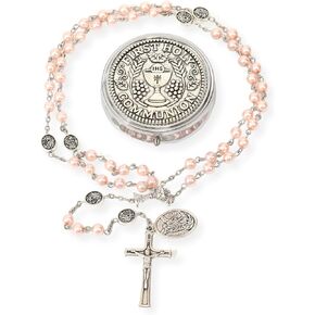 Nazareth Store Pearl 8mm Beads Rosary Necklace Guardian St.Michael Medal & Chalice Centerpiece Holy Communion Rosaries
