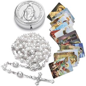 Rosary Beads Catholic Cross Crucifix Necklaces for Women, Virgin Mary Medal - First Communion Rosary for Girls with Virgin Mary Miraculous Gift Box and 18pcs Prayer Cards