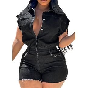 Nihsatin Women's Black Denim Washed Distressed Romper Button Down Jeans Playsuits