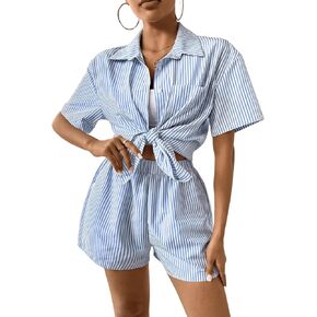 Floerns Women's 2 Piece Outfits Striped Print Button Down Shirts & Elastic Waist Shorts Set