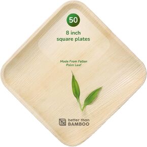 50 8 Inch Disposable Square Palm Leaf Plates + 100 Cutlery (50 Forks, 50 Knives). Heavy Duty Party, Catering Plates. 100% Compostable & Biodegradable than Wood, Paper, or Plastic