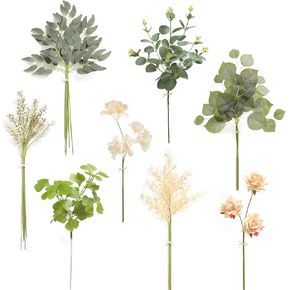 Artificial Greenery Stems Box Set, 49pcs with 8 Kinds of Faux Greenery Flowers Picks for DIY Bridal Bouquets Filler Wedding Floral Arrangement Table Centerpieces(Champagne & Green)