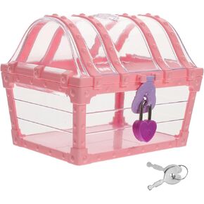 Ciieeo Pirate Treasure Chest Clear Plastic Trinket Jewelry Organizer Keepsake Box with Lock Gem Toy Gift Storage Case for Kids Pink