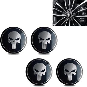 4 PCS Car Wheel Hub Decorative Sticker, 2.2" Personalized Skull Design Metal Hub Center Cover Sticker, No Punching Installation Accessories, Compatible with Most Trucks, Cars, SUVs (Black)