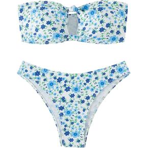 SHENHE Women's Floral Bandeau Bikini Set Cut Out High Cut Strapless 2 Piece Swimsuit