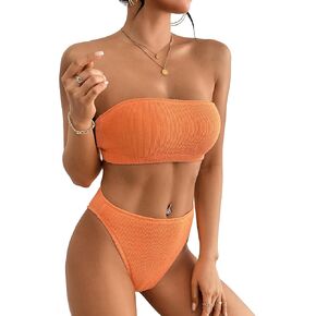Dixperfect Women's Bandeau High Waisted Sexy High Cut Two Pieces Bikini Swimwear Bathing Suit